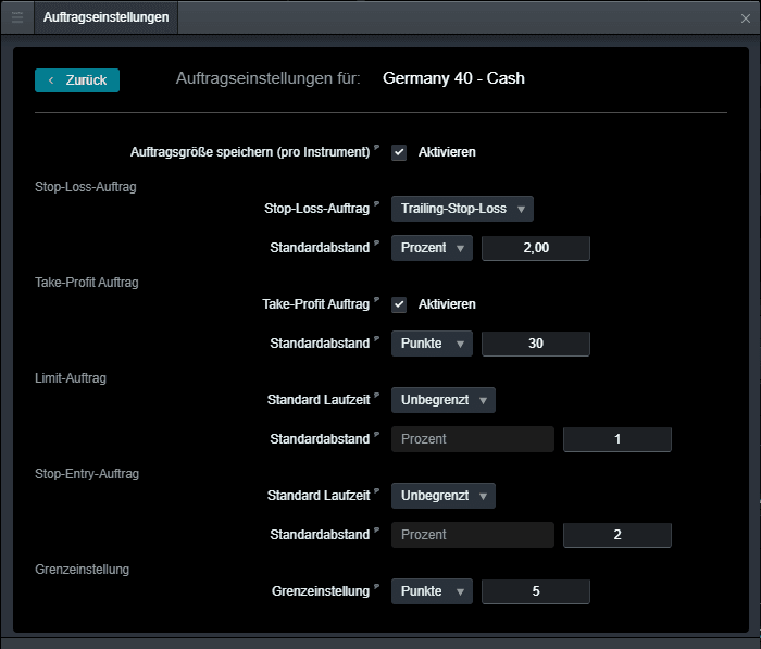 Standard Auftragseinstellungen