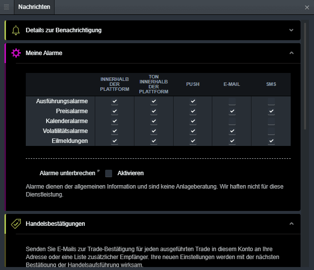 Übersicht der Einstellungen zu Benachrichtigungen