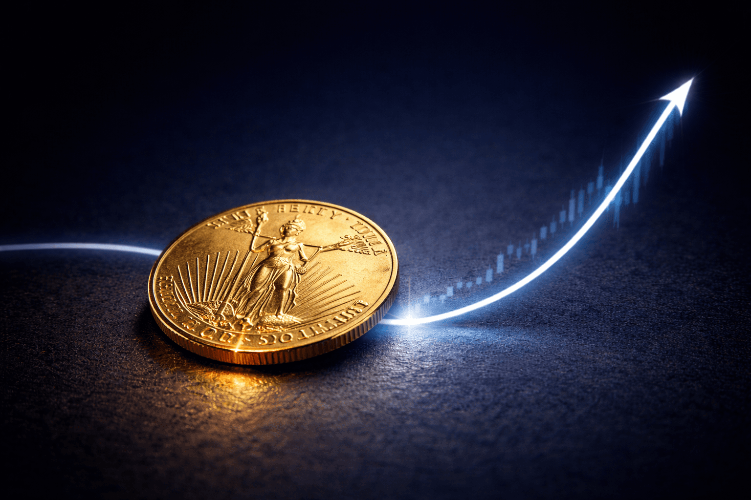 Golden liberty on dark backdrop